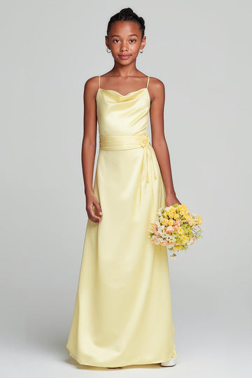 Robe longue de demoiselle d’honneur junior en satin à bretelles spaghetti jonquille